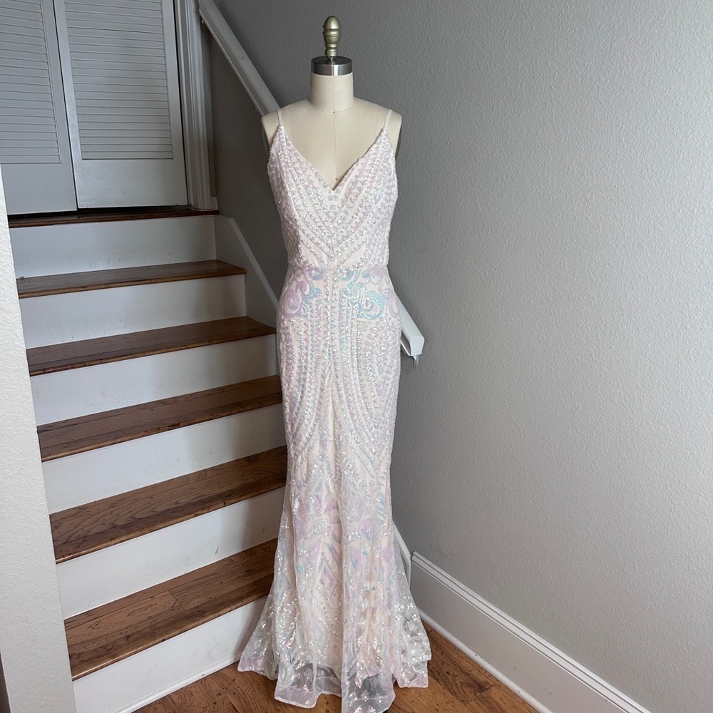 Precious Formals Sequin Mermaid Dress Iridescent Cream​​​​​​​​